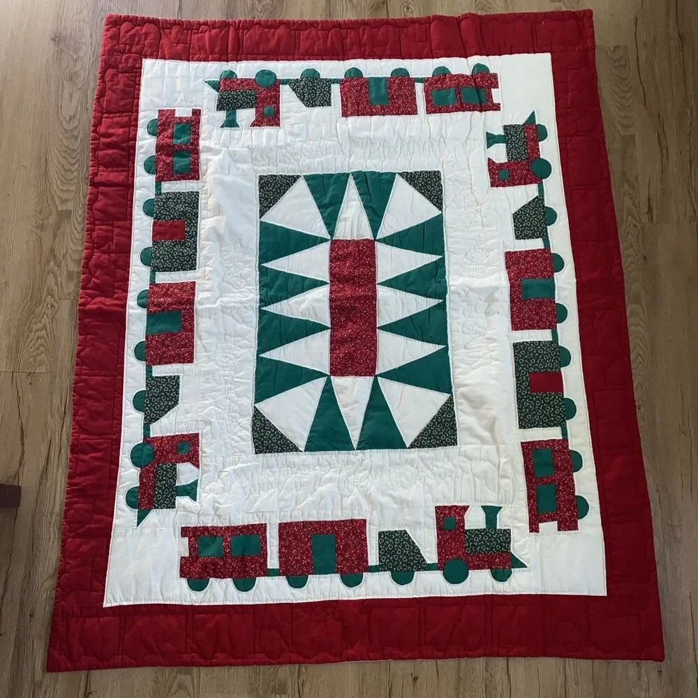 Vintage-Style Christmas Train Quilt - Extra Long Bed/Table Runner (46